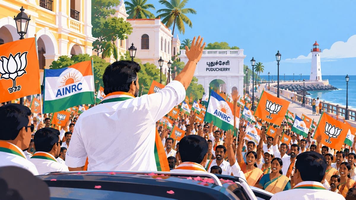 Illustration for the analysis "How the NDA won Puducherry in 2026"