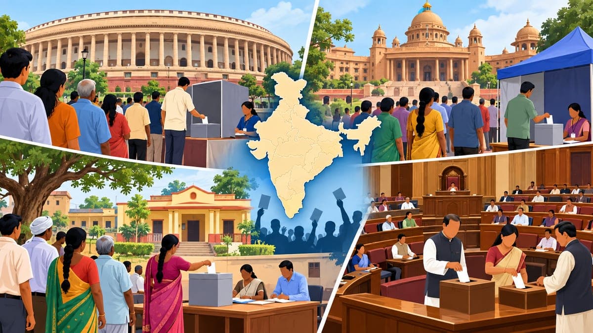 Illustration for the guide: Types of elections in India: Lok Sabha, Assembly, Rajya Sabha, President and more